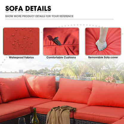 Grezone 15 Pieces Patio Furniture Set with Fire Pit Table, All Weather Outdoor Sectional PE Rattan, Patio Conversation Sets Cushions & Black-glass Coffee Table for Garden Lawn Balcony Porch Deck, Red