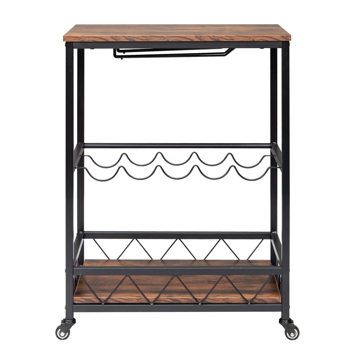 Ktaxon 3 Tier Kitchen Trolley Bar Carts for Home Bar Serving Cart w/Wine Rack & Glass Holder, Wheels, Vintage Brown