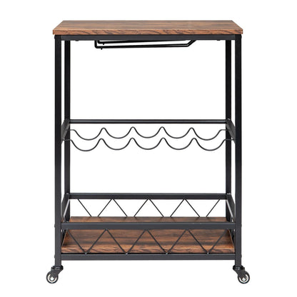 Ktaxon 3 Tier Kitchen Trolley Bar Carts for Home Bar Serving Cart w/Wine Rack & Glass Holder, Wheels, Vintage Brown