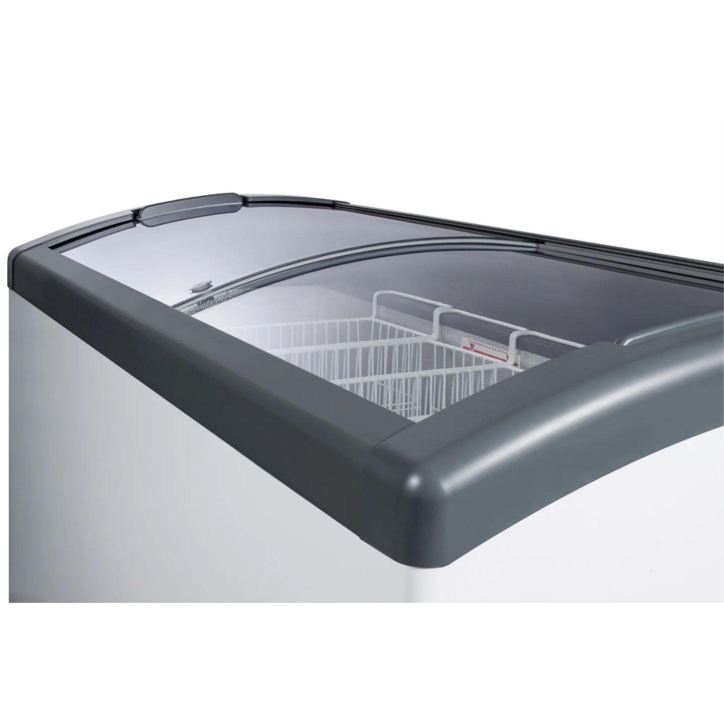 Curved top commercial ice cream freezer made in Denmark, with sliding glass lid, digital thermostat, novelty baskets, and 17.1 cu.ft. interior