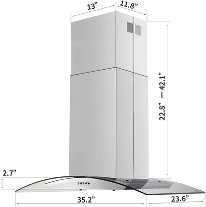 Tieasy Island Range Hood 36 inch Kitchen 3 Speed Extractor Fan Aluminum Filter Tempered Glass