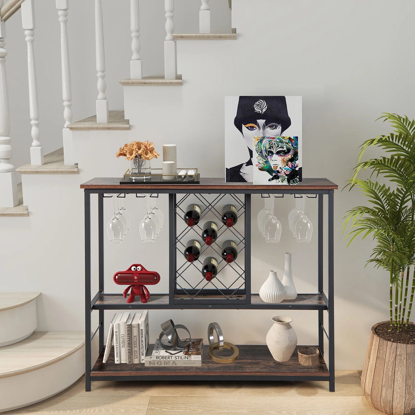 Gymax Industrial Liquor Bar Cart Rolling Kitchen Serving Cart w/Wine Rack Glass Holder