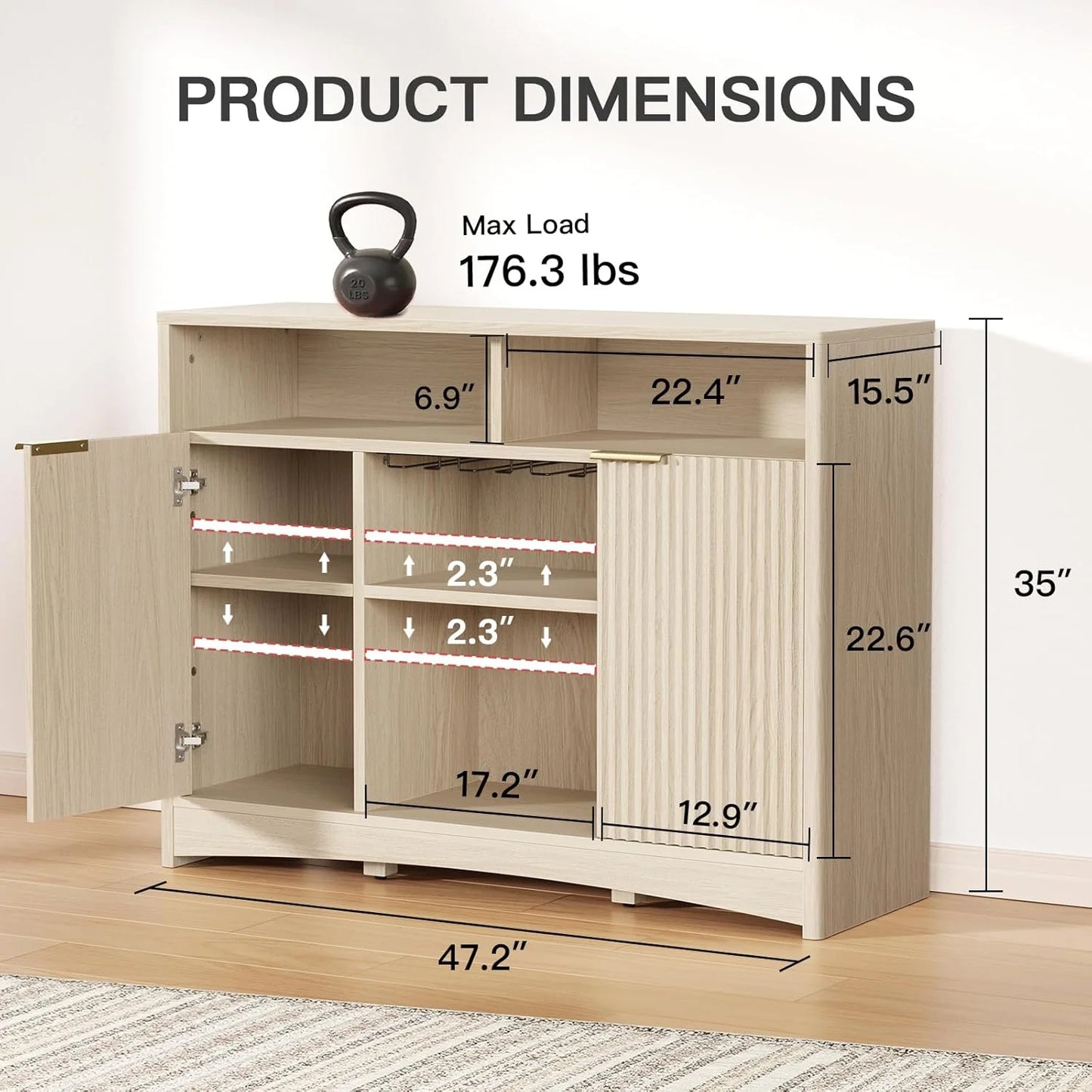 Amada 47.2" Wine Bar Cabinet for Liquor and Glasses, Modern Fluted Wood Coffee Bar Cabinet with Wine & Glass Rack, Buffet Sideboard with Adjustable Shelves for Home Dining Room Kitchen, Natural Oak