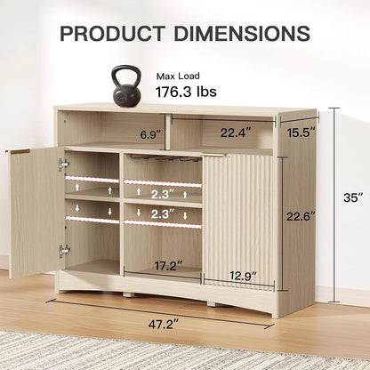 Amada 47.2" Wine Bar Cabinet for Liquor and Glasses, Modern Fluted Wood Coffee Bar Cabinet with Wine & Glass Rack, Buffet Sideboard with Adjustable Shelves for Home Dining Room Kitchen, Natural Oak