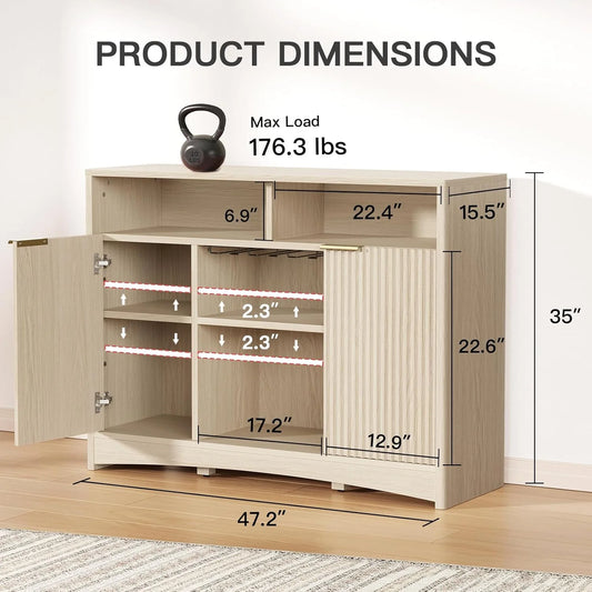 Amada 47.2" Wine Bar Cabinet for Liquor and Glasses, Modern Fluted Wood Coffee Bar Cabinet with Wine & Glass Rack, Buffet Sideboard with Adjustable Shelves for Home Dining Room Kitchen, Natural Oak