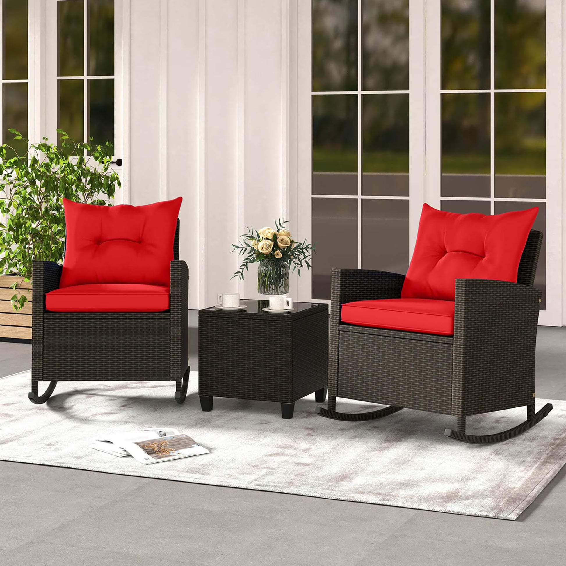 Costway 3 PCS Patio Wicker Rocking Set with Tempered Glass Table & Soft Cushions Outdoor Beige