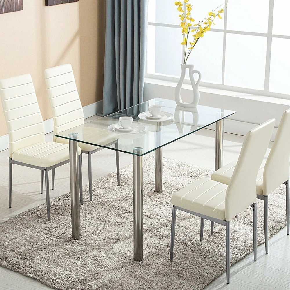 Ktaxon Dining Table set 5 Piece Dining Table Set Tempered Glass Top Dinette Sets with 4 PU Leather Chairs,Light White