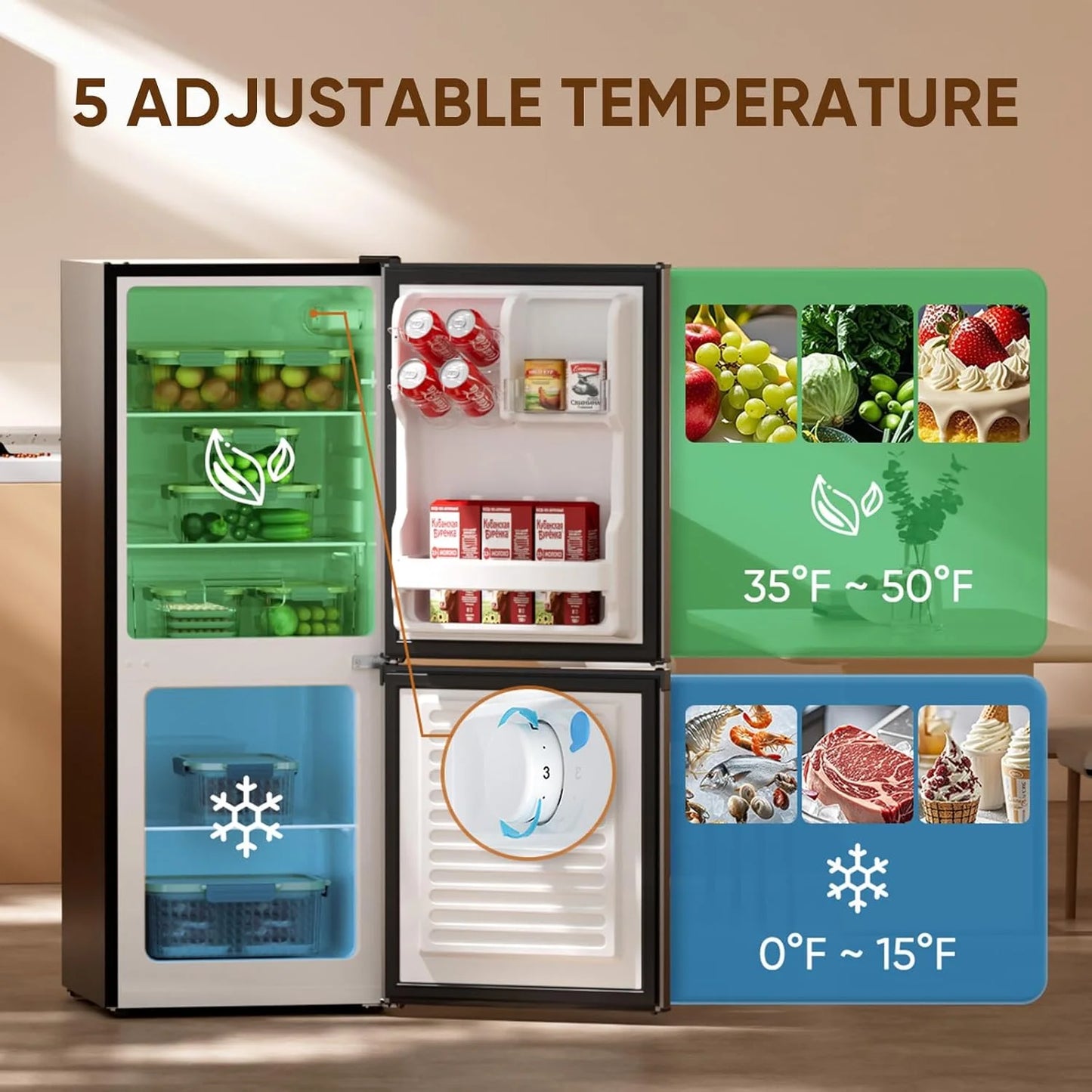 Upstreman 4.0 Cu.Ft Mini Fridge with Bottom Freezer, 2 Door Small Refrigerator with Adjustable Thermostat and Removable Glass Shelves for Bedroom, Dorm, Office, Apartment, Black BM40