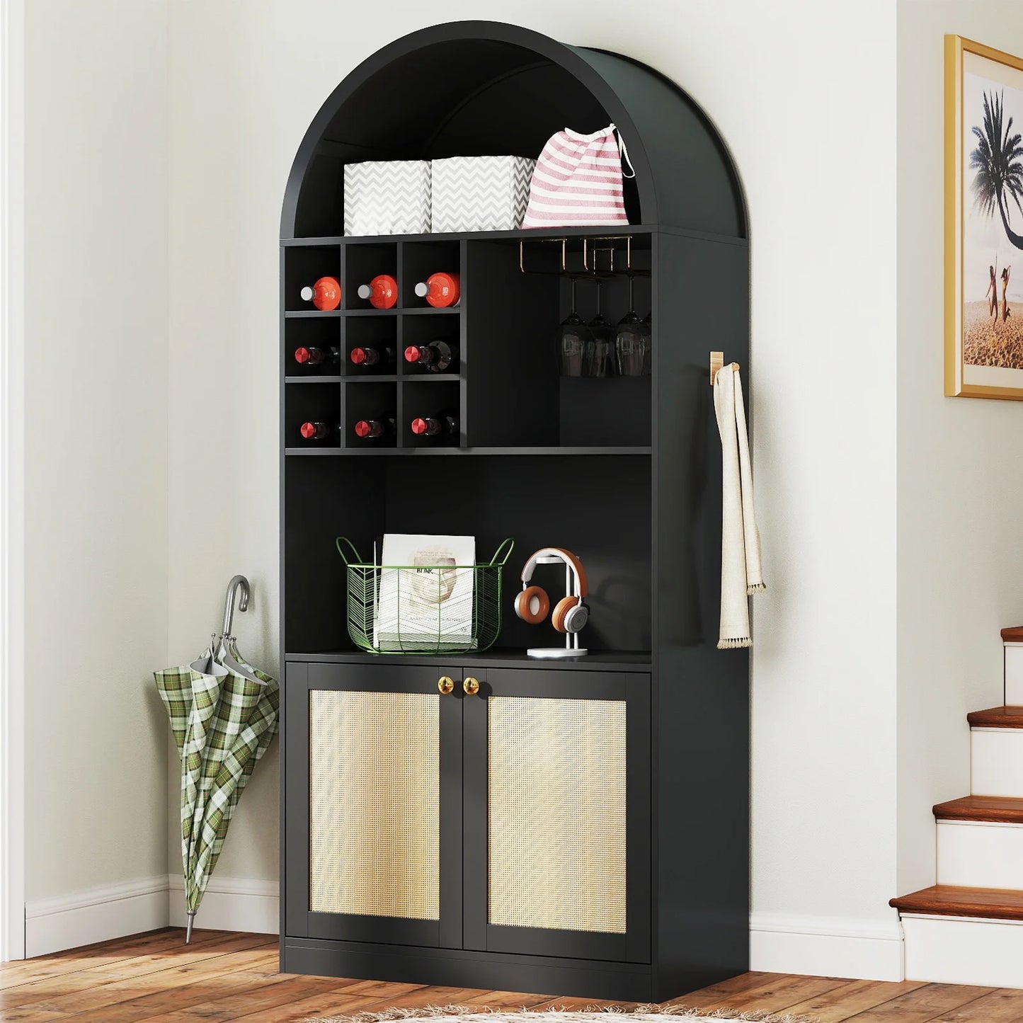 COSVALVE 71" Arched Bar Cabinet with Glass Holder, Wine Rack, Shelves, Doors, Arch Bookshelf (Black)