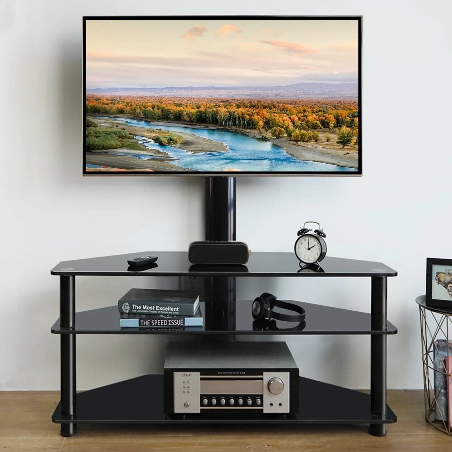 RTVR Modern 3 in 1 TV Stand with Mount for Flat Screens up to 65 inch, Black Glass Corner TV Stand for Bedroom