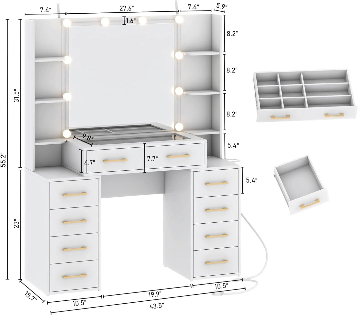 White Vanity Desk with Mirror & LED Lights, Glass Top Vanity Desk with Charging Station & Compartment Storage Drawers, 43" Large Makeup Vanity Table with 9 Drawers & 6 Shelves