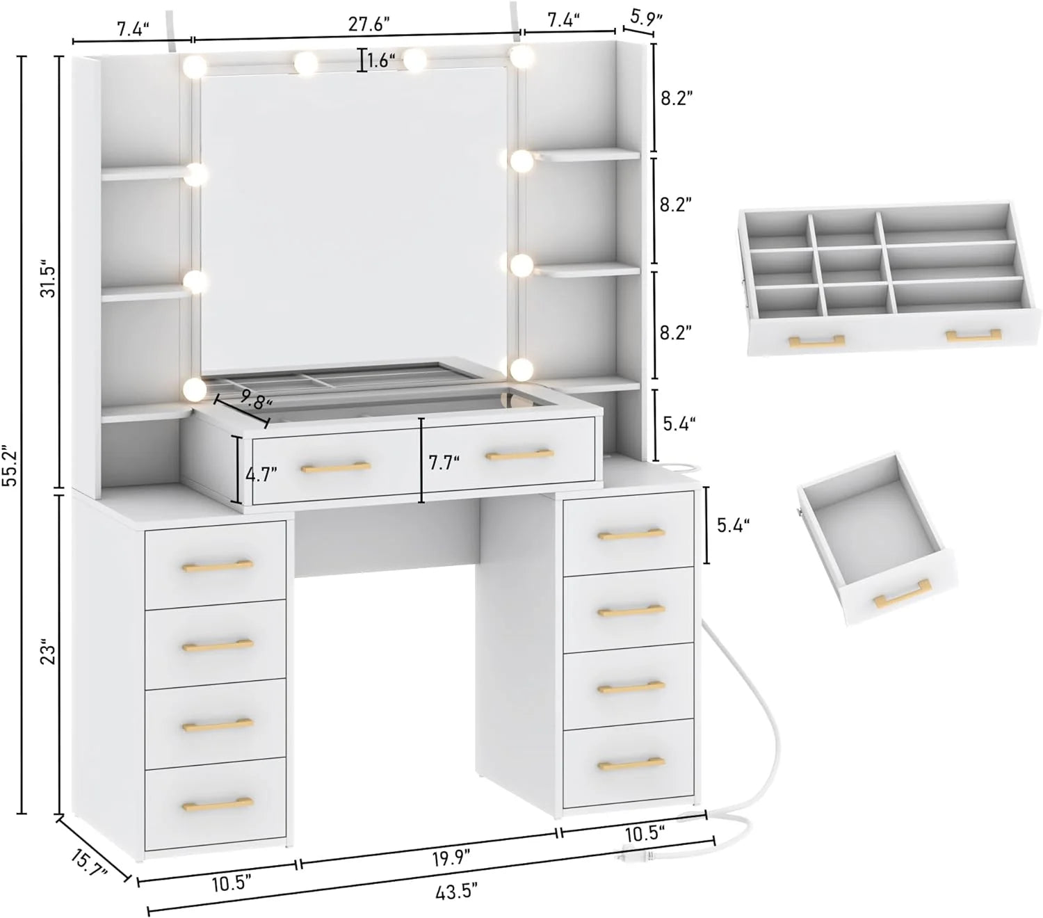 White Vanity Desk with Mirror & LED Lights, Glass Top Vanity Desk with Charging Station & Compartment Storage Drawers, 43" Large Makeup Vanity Table with 9 Drawers & 6 Shelves