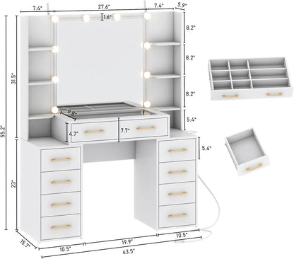 White Vanity Desk with Mirror & LED Lights, Glass Top Vanity Desk with Charging Station & Compartment Storage Drawers, 43" Large Makeup Vanity Table with 9 Drawers & 6 Shelves