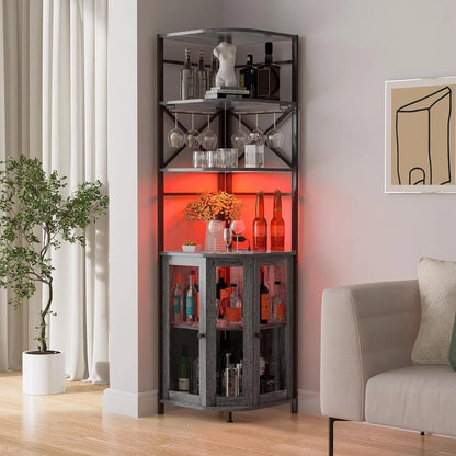 Frmobepts Corner Bar Cabinet with Power Outlet, 6-Tiers Industrial Wine Cabinet with LED Strip and Glass Holder for Living Room, Kitchen, Grey