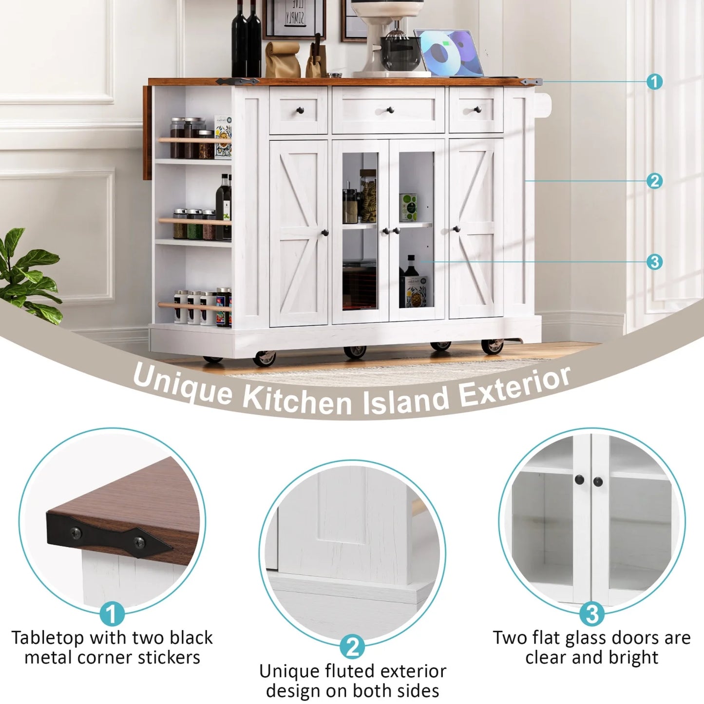 53'' Farmhouse Kitchen Island with Two Tempered Glass Cabinet Doors, Kitchen Rolling Island with Power Outlet 5 Open Side Racks and 3 Drawers,Mobile Island Table for Kitchen, Dining Room,Black