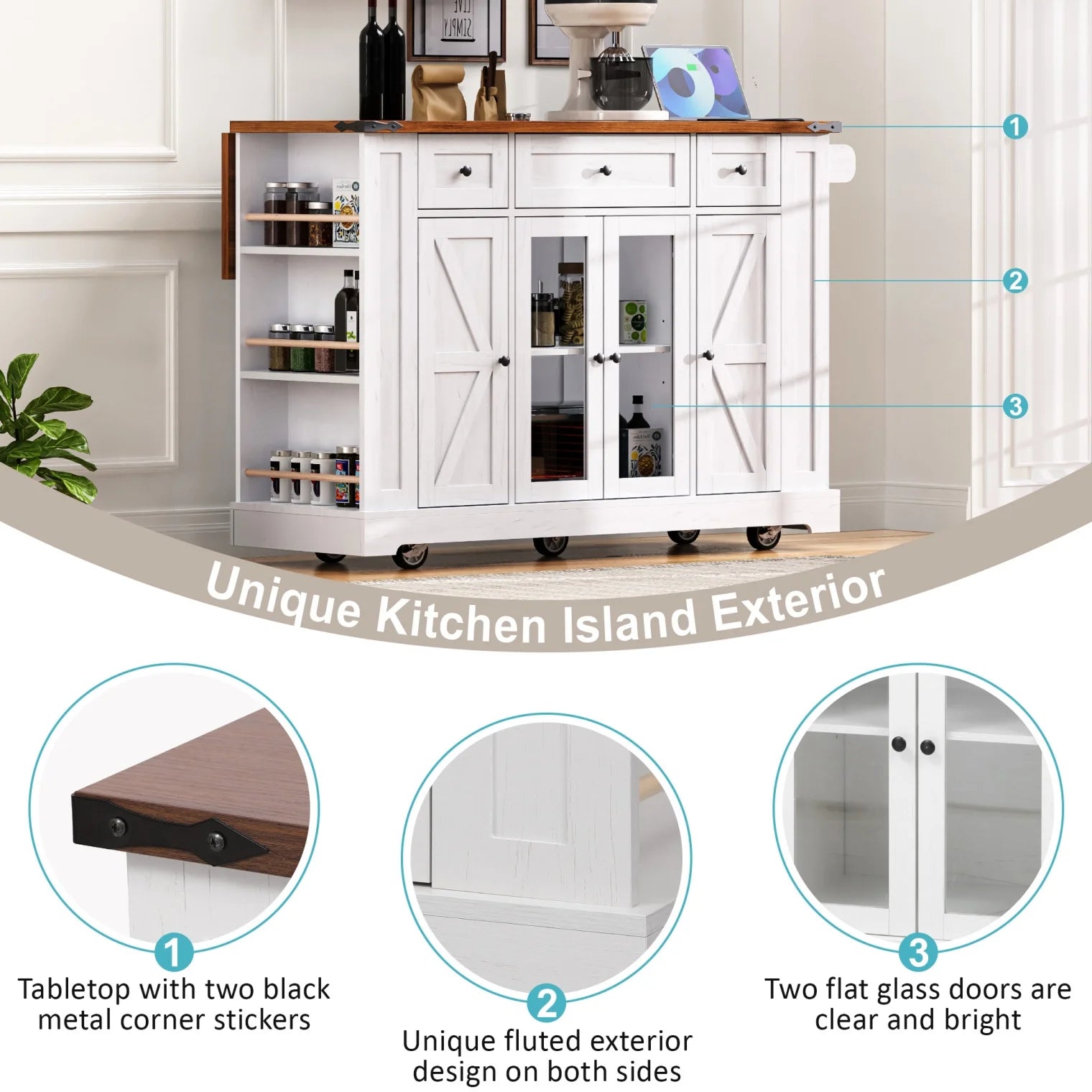 53'' Farmhouse Kitchen Island with Two Tempered Glass Cabinet Doors, Kitchen Rolling Island with Power Outlet 5 Open Side Racks and 3 Drawers,Mobile Island Table for Kitchen, Dining Room,Black