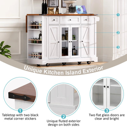 53'' Farmhouse Kitchen Island with Two Tempered Glass Cabinet Doors, Kitchen Rolling Island with Power Outlet 5 Open Side Racks and 3 Drawers,Mobile Island Table for Kitchen, Dining Room,Black
