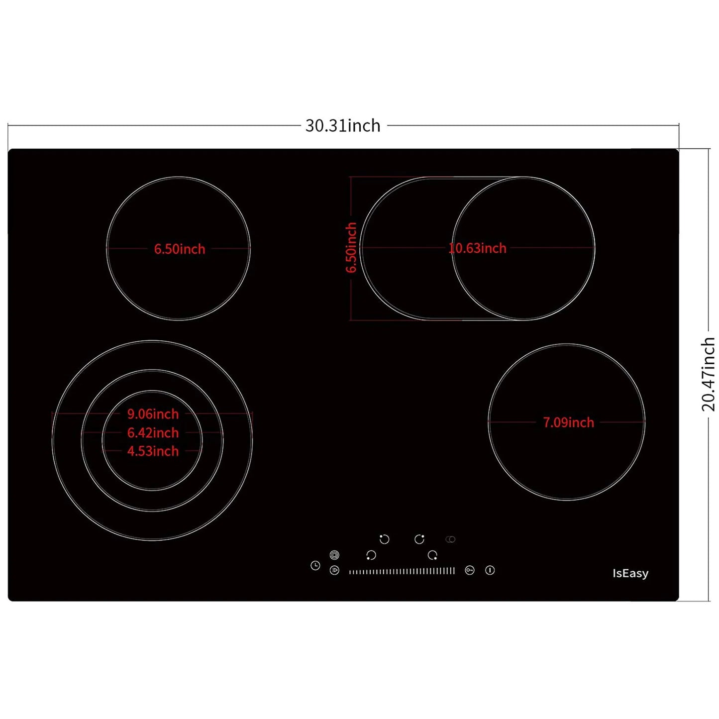 IsEasy Electric Ceramic Cooktop, 30" 4 Burners Built-in Countertop Burners Cooker Satin Glass in Black Touch Sensor Control, Timer, Child Safety Lock, 9 Power Levels, 220-240V 7200W