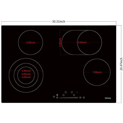 IsEasy Electric Ceramic Cooktop, 30" 4 Burners Built-in Countertop Burners Cooker Satin Glass in Black Touch Sensor Control, Timer, Child Safety Lock, 9 Power Levels, 220-240V 7200W