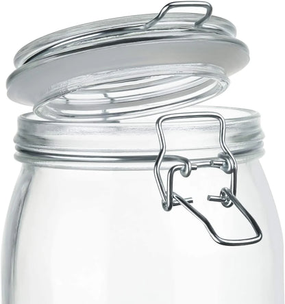 4 Pack Wide Mouth Mason Jars - 34 OZ Airtight Glass Canning Jars with Leak Proof Rubber Gasket and Clip Top Lids, Perfect for Storing Coffee, Sugar, Flour or Sweets