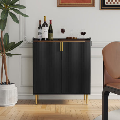 CBJCBJ 32" Wine Bar Cabinet with 2 Door Fluted Texture, Modern Coffee Cabinet with Rack& Glass Holder, Black