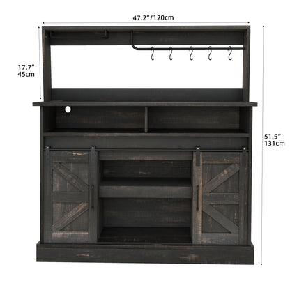 Uforic 47" Farmhouse Coffee Bar Cabinet, Buffet Sideboard with Power Outlets, Wine Glass Rack, Black Oak