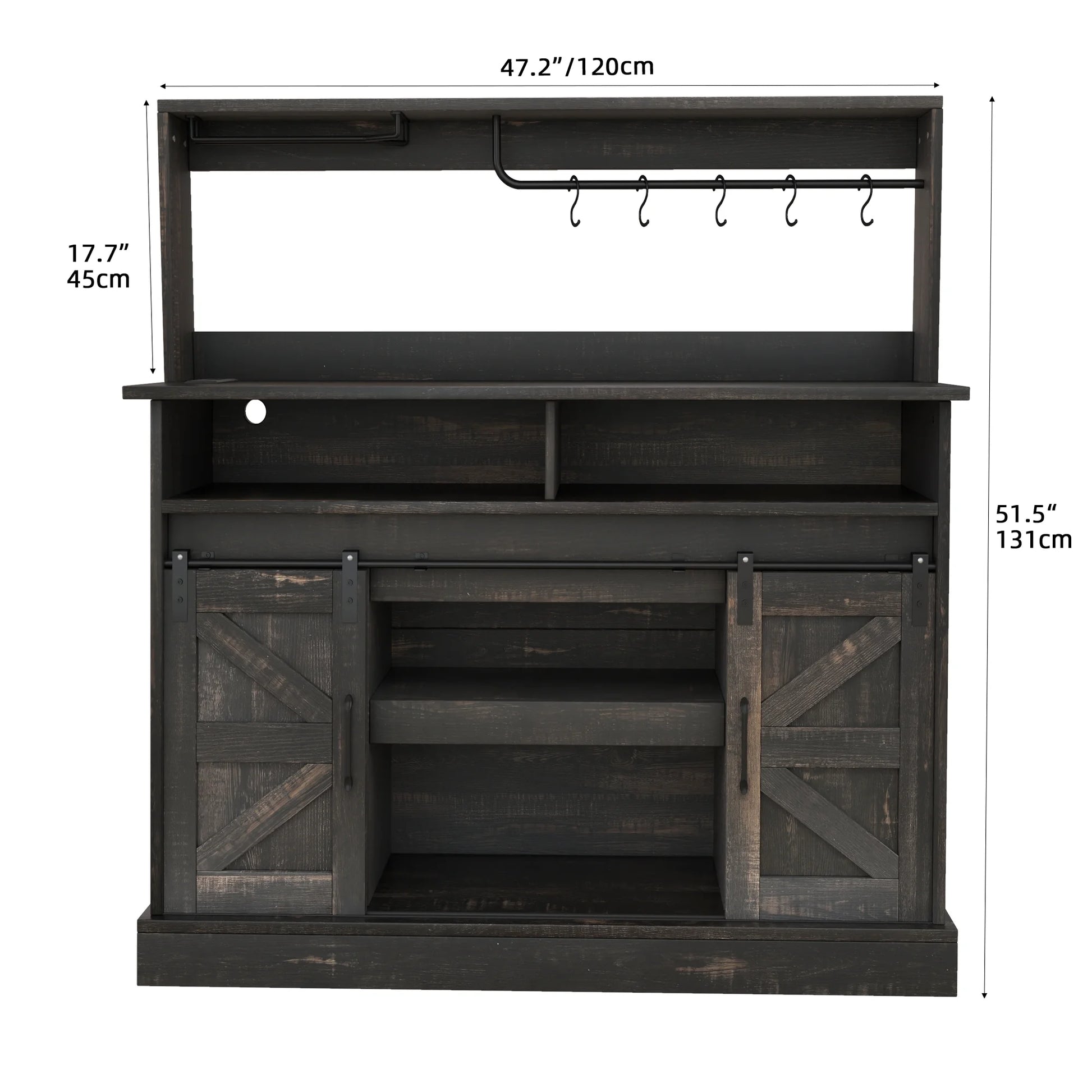 Dextrus 47" Farmhouse Coffee Bar Cabinet,Buffet Cabinets with Power Socket, Wine Glass Rack, Barn Door for Kitchen Black