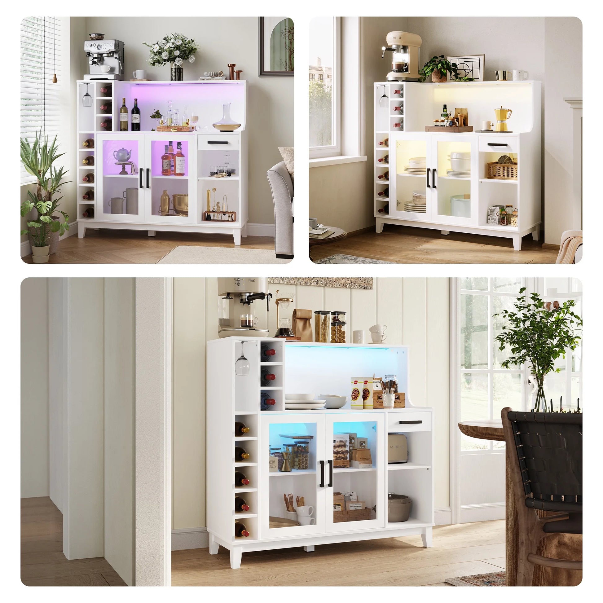 LINSY HOME Wine Bar Cabinet with LED Light, Home Coffee Cabinet with Wine and Glass Rack, Kitchen Buffet Sideboard with Storage Cabinet& Drawers, White