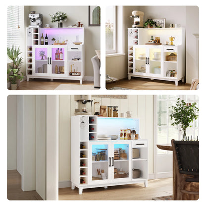 LINSY HOME Wine Bar Cabinet with LED Light, Home Coffee Cabinet with Wine and Glass Rack, Kitchen Buffet Sideboard with Storage Cabinet& Drawers, White