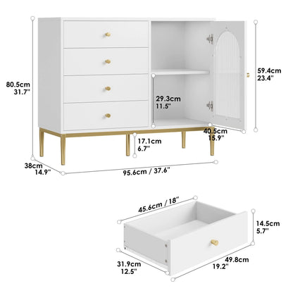 Homfa 4 Drawer Storage Cabinet, Modern Wooden Cupboard with Frosted Glass for Living Room, White Finish