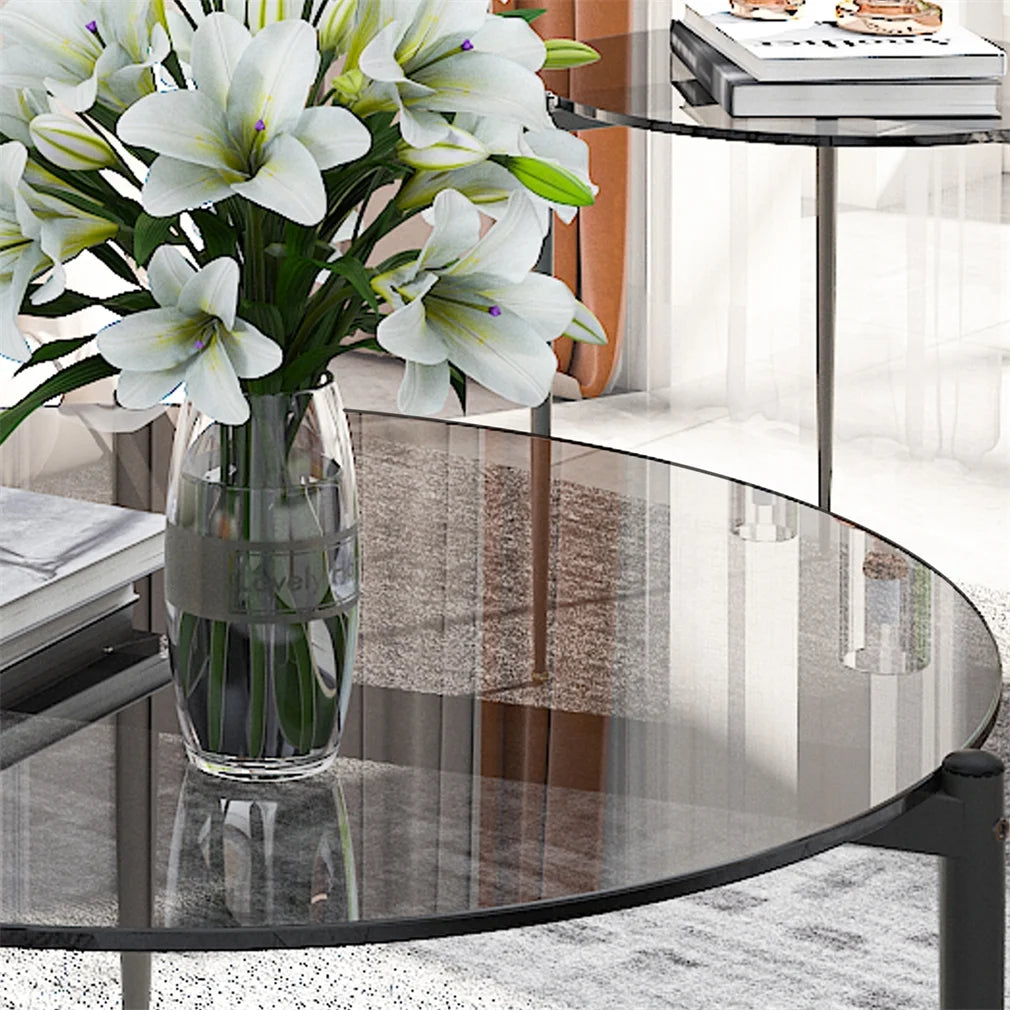 Wisfor Round Tempered Glass Table Coffee Table Steel Novelty Legs for Bedroom Living Room, Gray