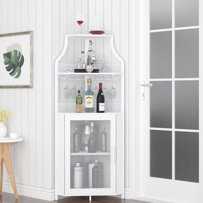 Joyspirit Farmhouse Corner Wine Cabinet, Rustic White Liquor and Coffee Bar Cabinet with Removable Wine Rack, Glass Holder, Mesh Door, and Adjustable Shelves.