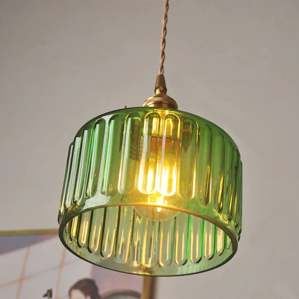 Arturesthome Classic Vintage Green Glass Pendant Light Cylinder Wavy Small Light Fixture