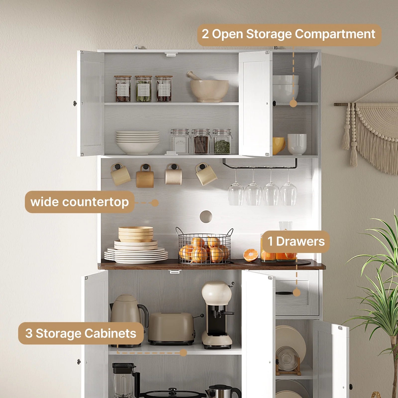 Coffee Bar, 71" Tall Kitchen Pantry Cabinet with Microwave Shelf, 5 Doors, 1 Drawers, 8 shelves, Wine glass rack, 4 Hooks, Cable Management
