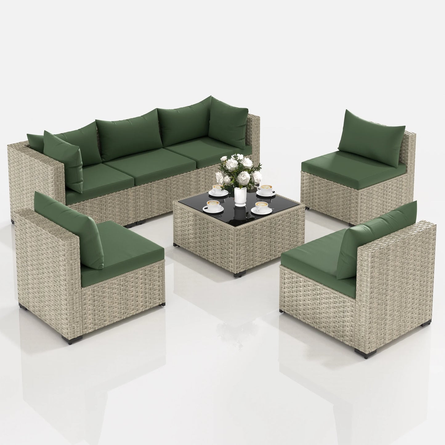 Techmilly 5 Pieces Patio Sectional Sofa PE Rattan Wicker Conversation Sets with Cushions and Glass Table(Green)