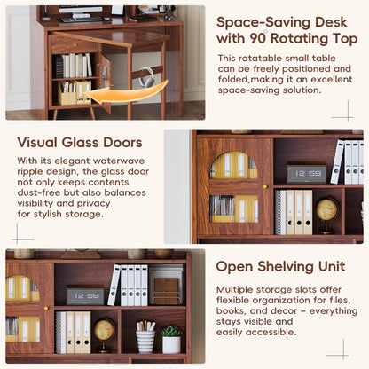 43'' Computer Desk with 90 Degree Rotating Desktop, L-Shaped Home Office Desk with Hutch and Drawer, Writing Desk with Storage Cabinet and Glass Doors for Bedroom Living Room, Walnut