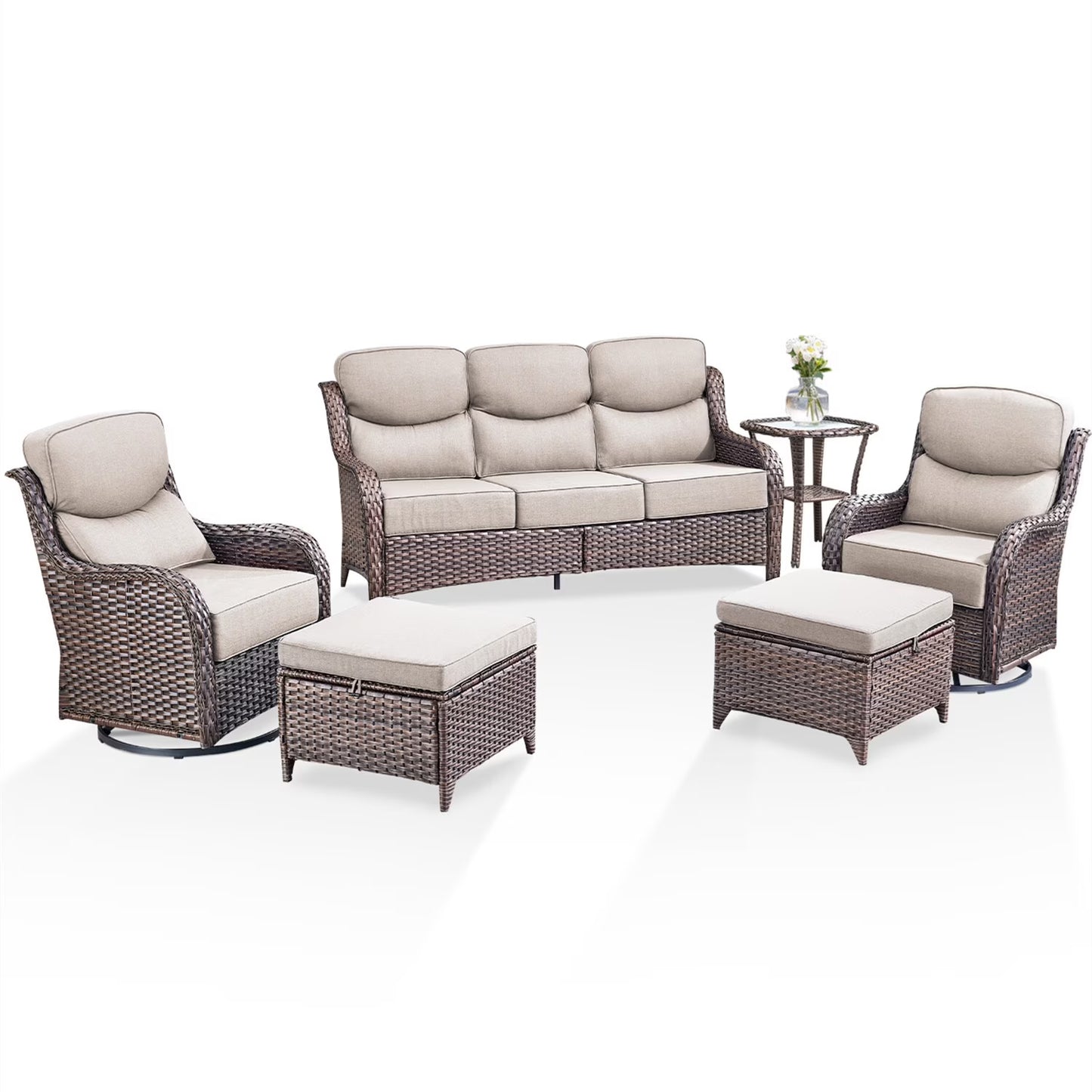 Bellefurn Luxury Outdoor Patio Furniture Set,Swivel Rocker Patio Chairs with 6-inch Thick Cushion,Patio Sofa and Glass Coffee Table,Outdoor Conversation Set for Porch, Deck, Yard
