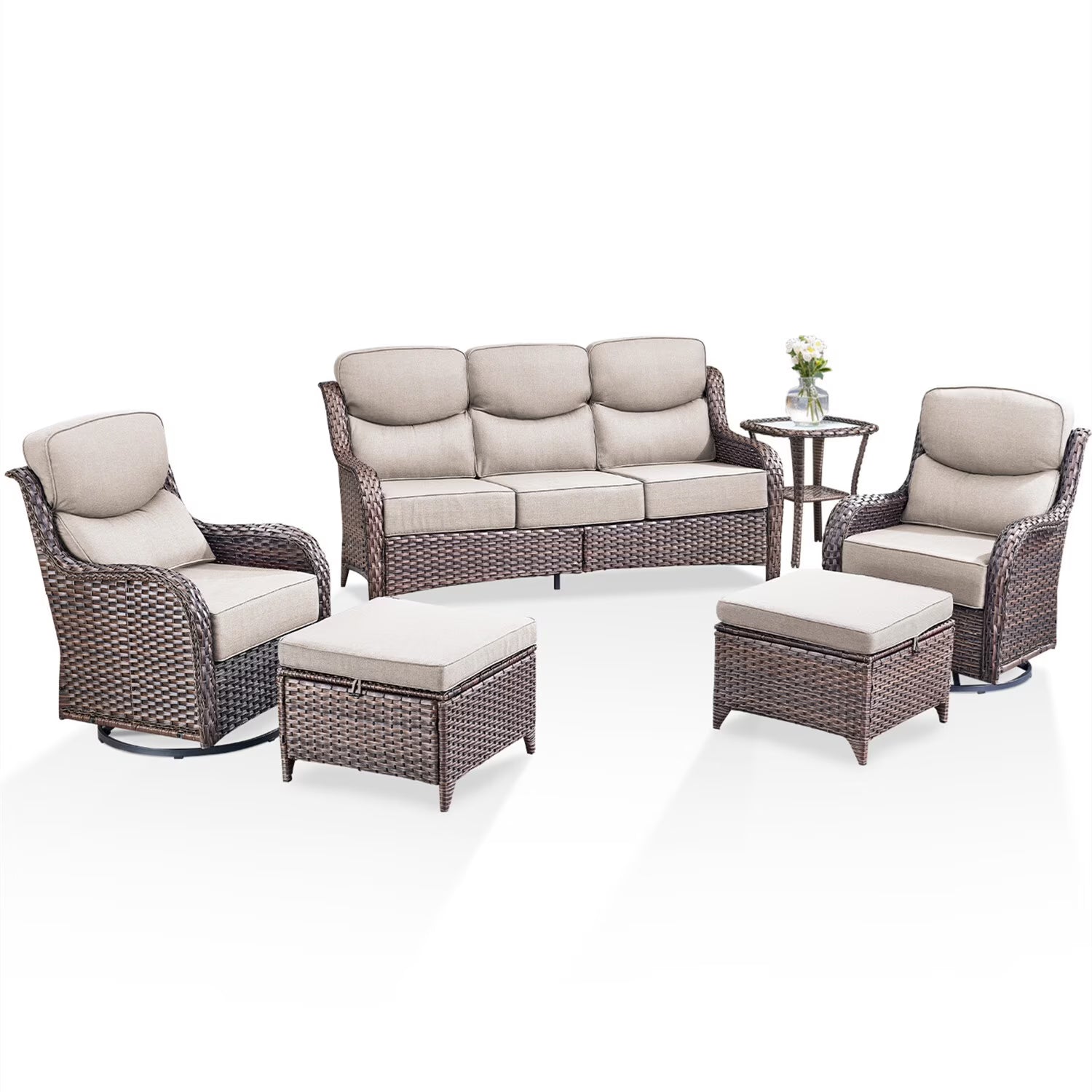 Bellefurn Luxury Outdoor Patio Furniture Set,Swivel Rocker Patio Chairs with 6-inch Thick Cushion,Patio Sofa and Glass Coffee Table,Outdoor Conversation Set for Porch, Deck, Yard
