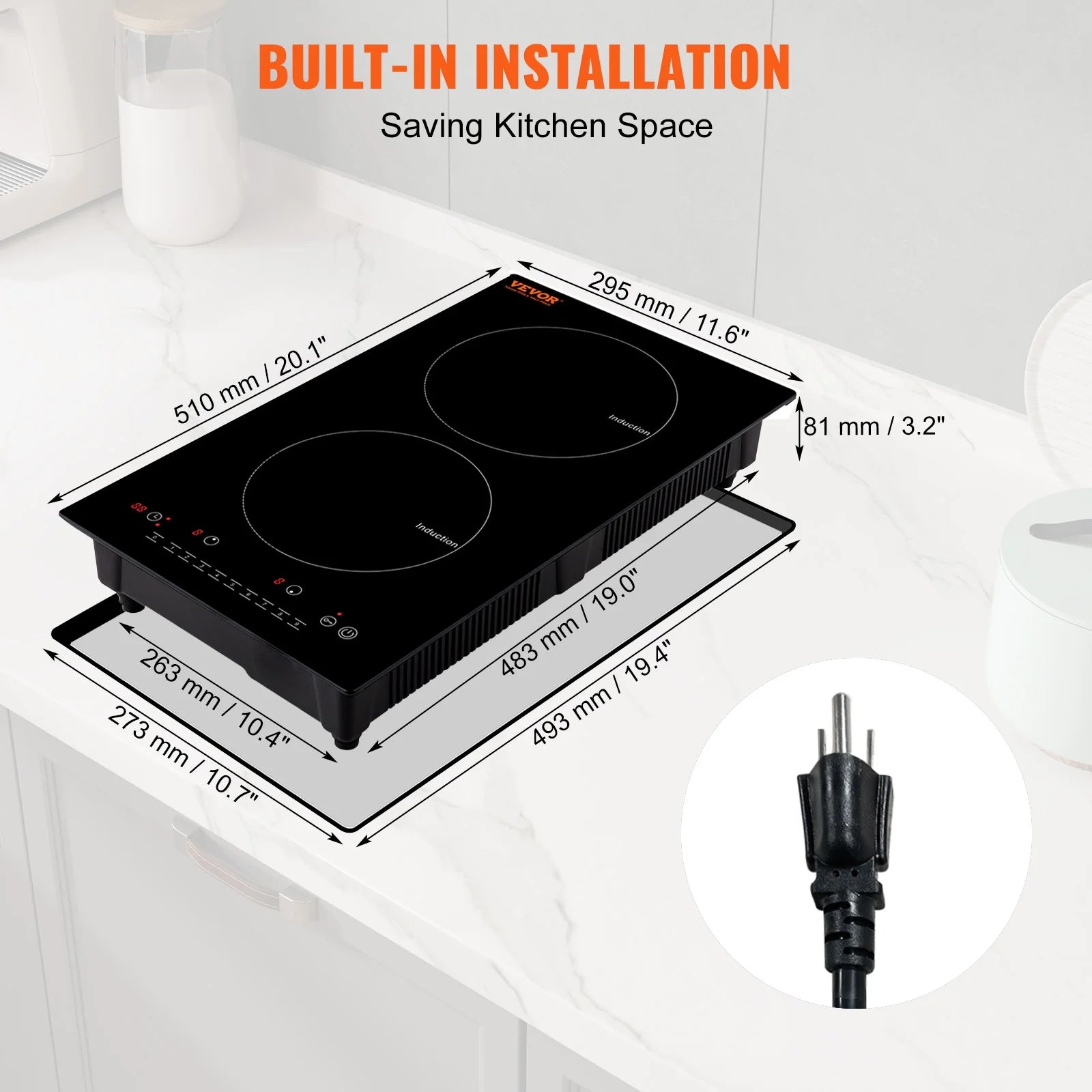 KFFKFF 12" Electric Cooktop, 1800W 2 Burners Ceramic Glass Stove Top Touch Control Built-in Magnetic Cooktop w/9 Heating Level Child Lock & Over-Temperature Protection