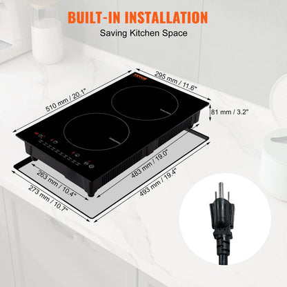 KFFKFF 12" Electric Cooktop, 1800W 2 Burners Ceramic Glass Stove Top Touch Control Built-in Magnetic Cooktop w/9 Heating Level Child Lock & Over-Temperature Protection