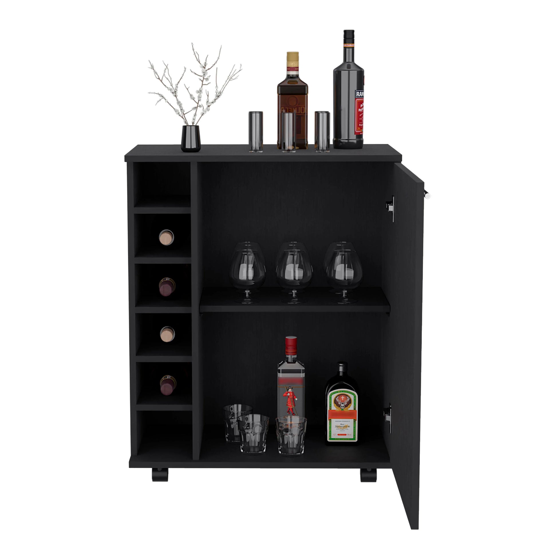 TUHOME Wick Bar Cart with Wine Rack, Glass Storage, Cabinet, and Rollers, Black