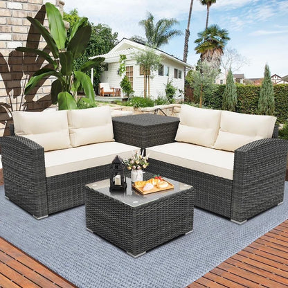 Rattan Patio Sofa Set, 4 Pieces Outdoor Sectional Furniture, All-Weather PE Rattan Wicker Patio Conversation, Cushioned Sofa Set with Glass Table for Patio Garden Poolside Deck