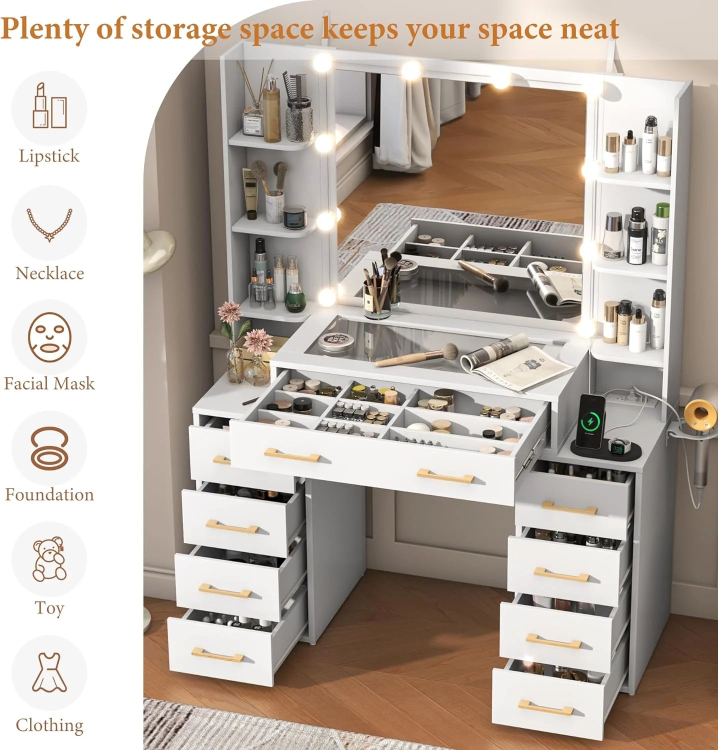 White Vanity Desk with Mirror & LED Lights, Glass Top Vanity Desk with Charging Station & Compartment Storage Drawers, 43" Large Makeup Vanity Table with 9 Drawers & 6 Shelves