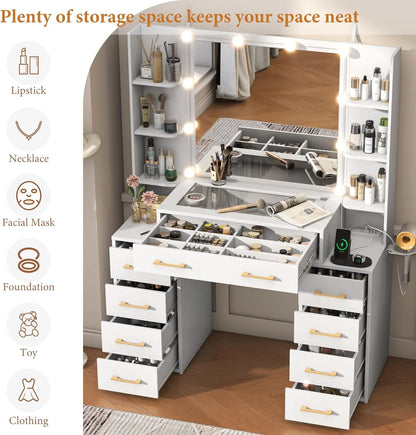 White Vanity Desk with Mirror & LED Lights, Glass Top Vanity Desk with Charging Station & Compartment Storage Drawers, 43" Large Makeup Vanity Table with 9 Drawers & 6 Shelves