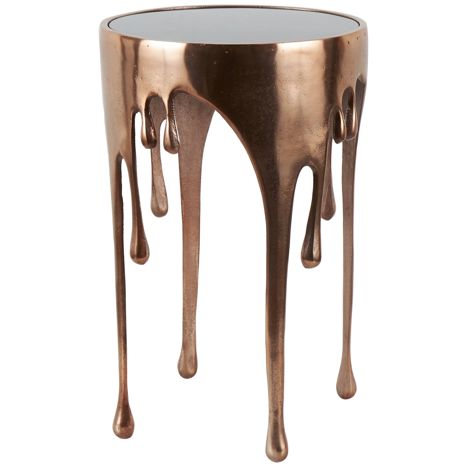 DecMode 16" x 25" Copper Aluminum Drip Accent Table with Melting Design and Shaded Glass Top, 1-Piece