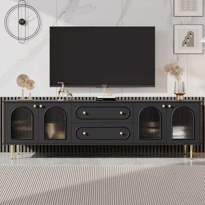 Modern 85 Inch TV Stand with Drawers and Glass Cabinets, Media Console for Living Room and Bedroom, Black MDF Entertainment Center with Cable Management and Adjustable Legs