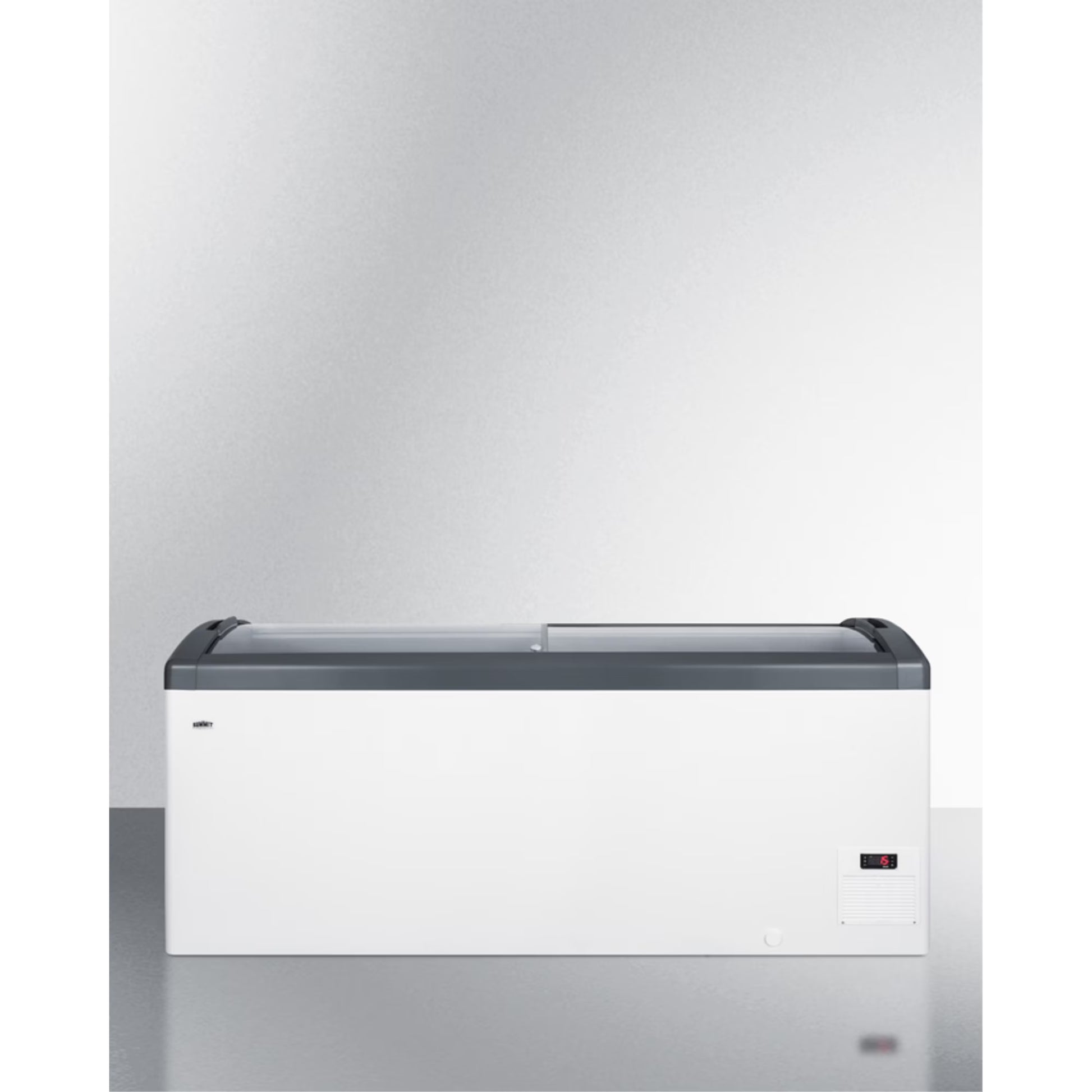 Curved top commercial ice cream freezer made in Denmark, with sliding glass lid, digital thermostat, novelty baskets, and 17.1 cu.ft. interior