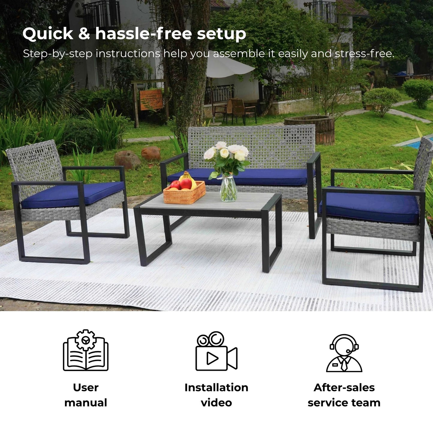 Enyopro 4-Piece Patio Furniture Set, with 2 Arm Chairs, Love Seat & Tempered Glass Coffee Table, Rattan Outdoor Conversation Chair Sets for Patio Porch Deck Balcony, Gray