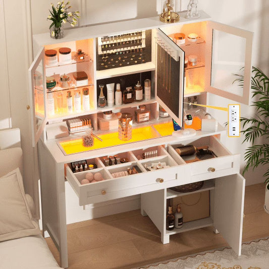 Semoic White Makeup Vanity Desk with LED Mirror and RGB Lights and Power Outlet, Morden Glass Top Vanity Table with Drawer & Storage Cabinet & Adjustable Shelves, Large Dressing Table for Bedroom