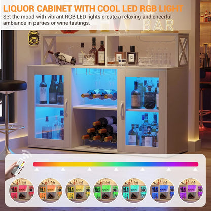 Home Wine Bar Cabinet with LED Light, Industry Coffee Bar Cabinet with Wine Rack, Glass Holder, and Power Outlets, Kitchen Sideboard Buffet Cabinet for Living Room Dining Room
